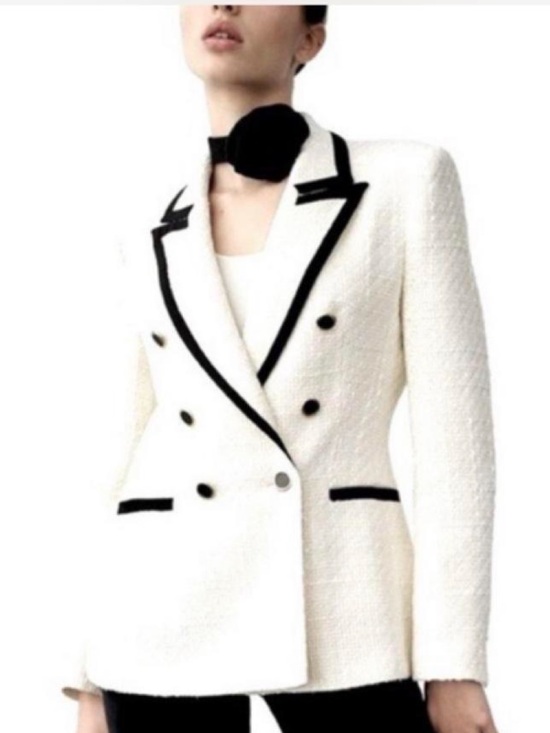 Zara Jackets & Blazers - Zara Cream Bouclé Double-Breasted Blazer with Black Trim